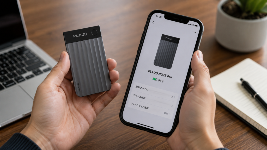 A realistic close-up of a PLAUD Note Pro being paired with the PLAUD mobile app on a smartphone, showing the device connection screen on a wooden desk.