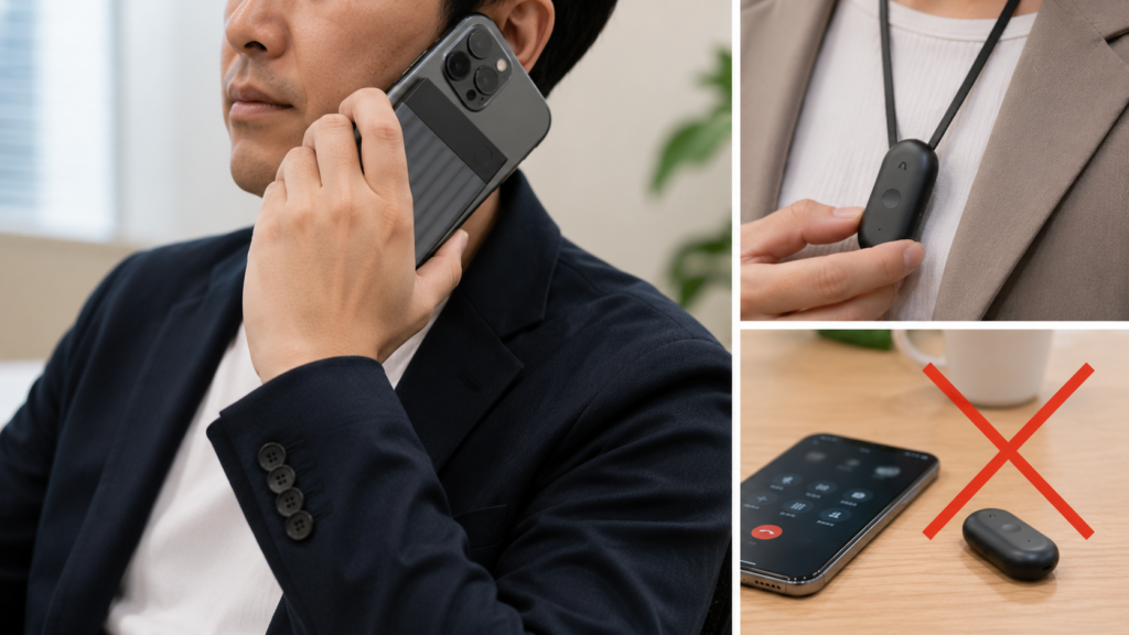 A realistic comparison showing PLAUD Note Pro attached to the back of a smartphone during a business call, alongside PLAUD NotePin S worn on clothing to illustrate that it is intended for in-person recording rather than phone call recording.