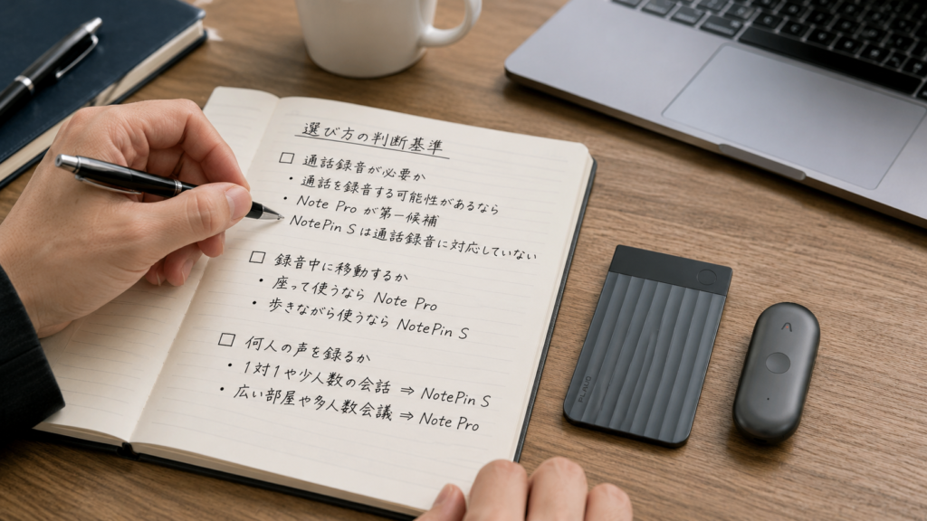A realistic workspace showing PLAUD Note Pro and PLAUD NotePin S placed side by side on a desk next to a laptop and notebook, illustrating the decision process between a desktop-focused recorder and a wearable recorder.