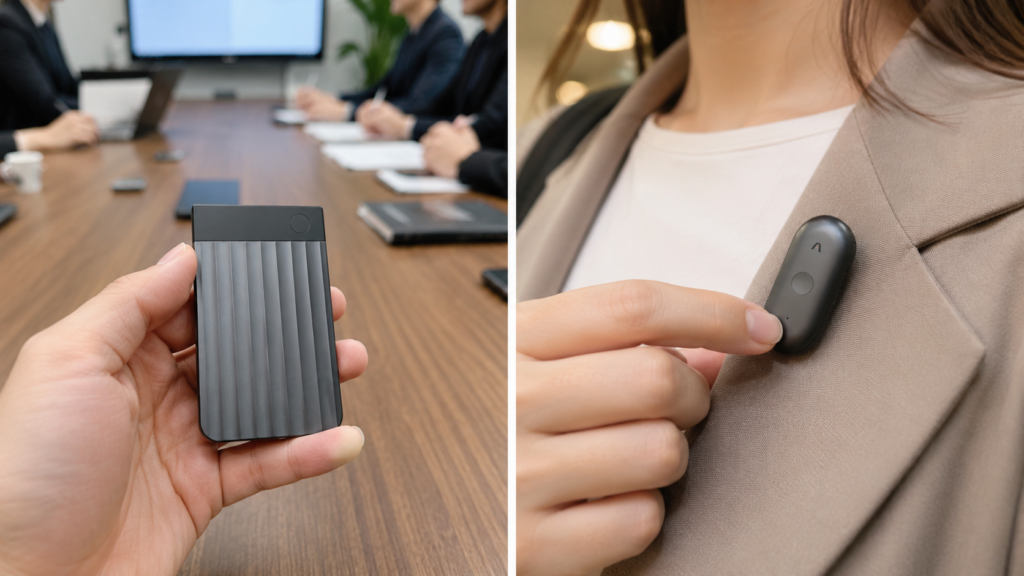 A realistic split-screen comparison showing PLAUD Note Pro held above a conference table and PLAUD NotePin S worn on a blazer for hands-free recording