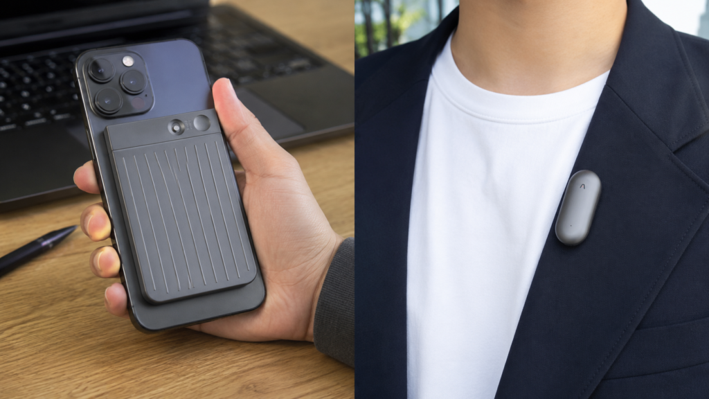A realistic side-by-side comparison showing PLAUD Note attached to the back of a smartphone for call recording and PLAUD NotePin clipped to a person's jacket for hands-free face-to-face voice recording.