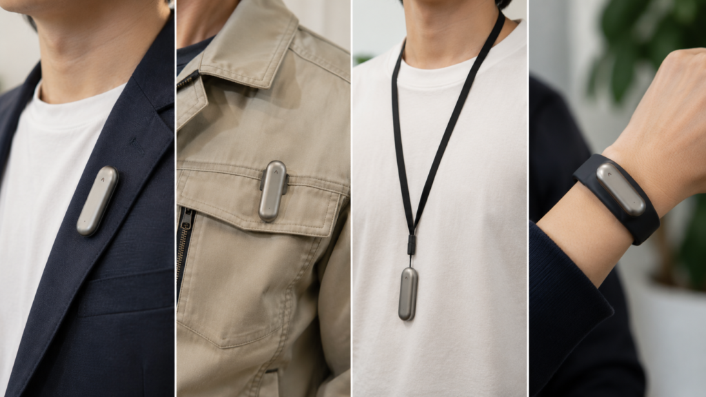 A realistic collage showing a PLAUD NotePin wearable AI voice recorder attached in four different ways: magnetic pin on a blazer, clip on a jacket pocket, neck strap, and wristband for various recording situations.