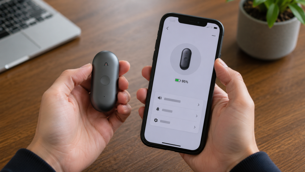 A realistic close-up of a PLAUD NotePin being paired with the PLAUD mobile app on a smartphone, showing the wearable recorder in hand and the device connection screen during Bluetooth setup.