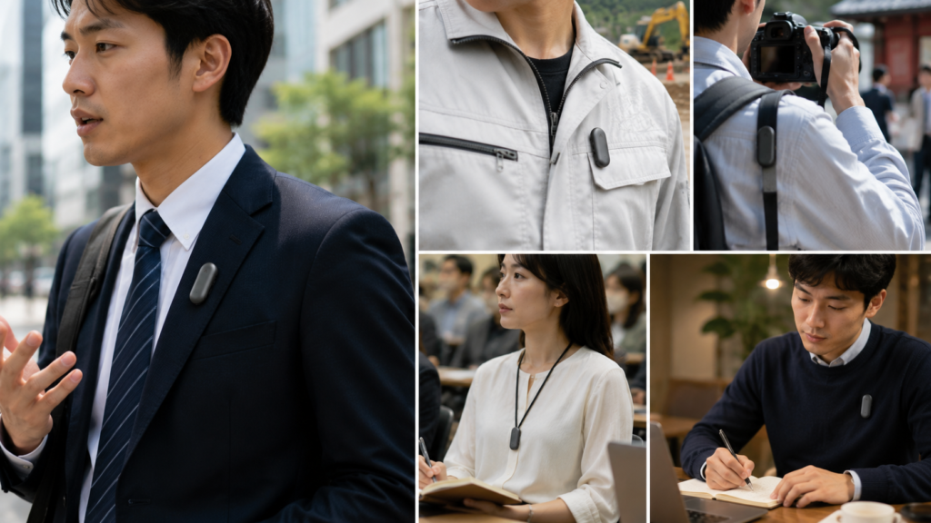 A realistic collage showing PLAUD NotePin worn on clothing during sales visits, fieldwork, interviews, seminars, and note-taking, highlighting its hands-free recording capability for active professionals.