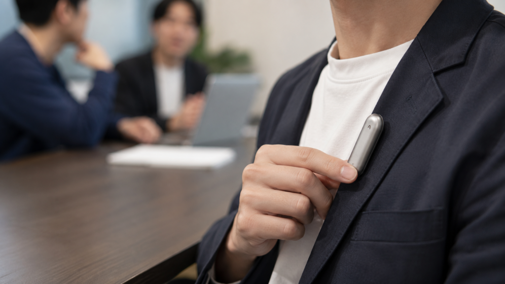 A close-up of a person wearing a PLAUD NotePin AI voice recorder on the chest area of a blazer during a face-to-face meeting, demonstrating the optimal placement for clear voice recording.