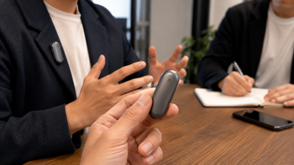 A person holding a PLAUD NotePin AI voice recorder during a business meeting while another participant wears the device clipped to their jacket, demonstrating hands-free recording in a professional office.
