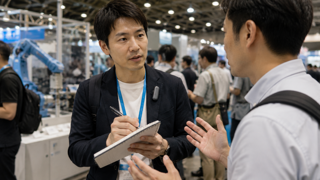 A person wearing a PLAUD NotePin while talking with another attendee in a busy exhibition hall, illustrating AI voice recording in a noisy environment with surrounding conversations and background noise.
