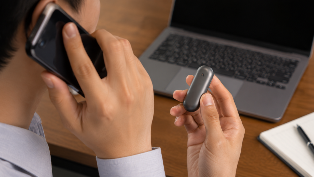 A person holding a PLAUD NotePin while making a smartphone call at a desk, illustrating that the wearable recorder is designed for in-person conversations rather than direct phone call recording.