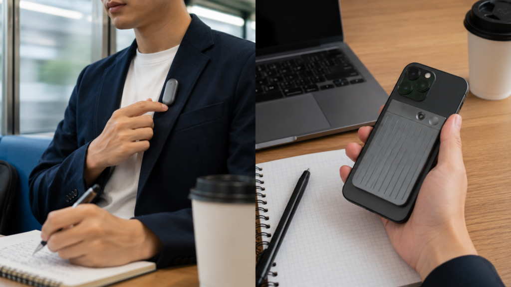 A realistic side-by-side scene showing a professional using PLAUD NotePin clipped to clothing for instant voice memos while traveling, alongside PLAUD Note attached to a smartphone for recording ideas at a desk.