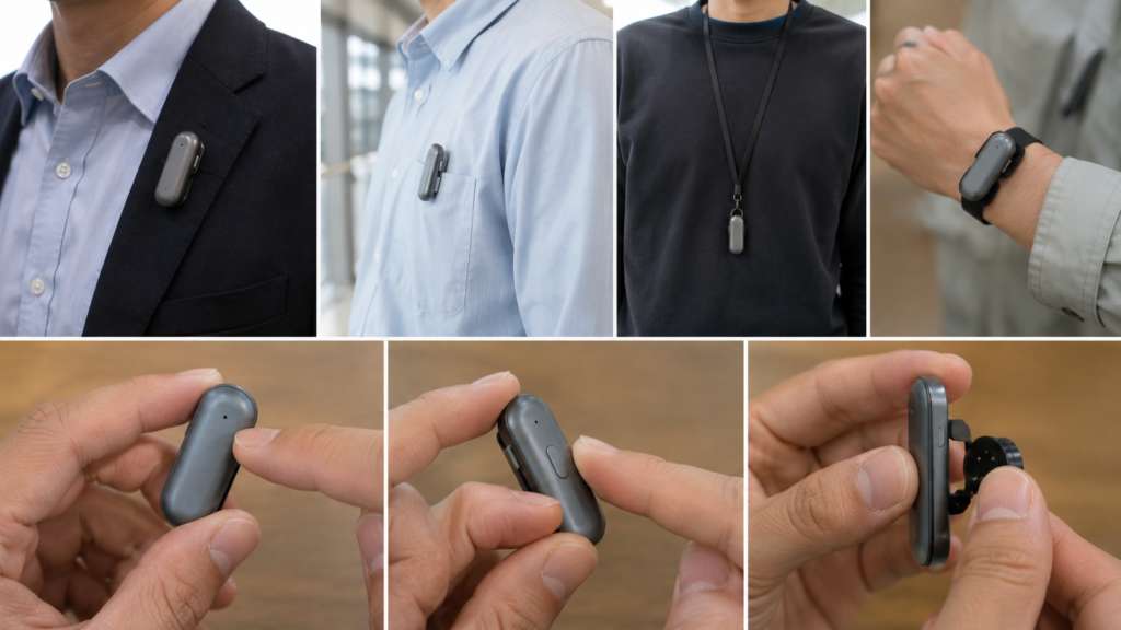 A realistic collage showing a PLAUD NotePin AI voice recorder worn with different accessories, including a magnetic clip on a jacket, a shirt clip, a neck strap, and a wristband, along with close-up views of the recording button and attachment system.