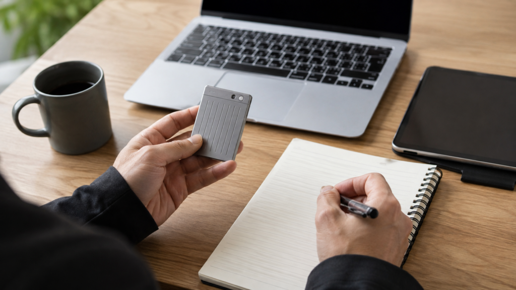 A professional using a PLAUD AI recorder while taking meeting notes at a modern office desk with a laptop and notebook, illustrating productivity and time savings.